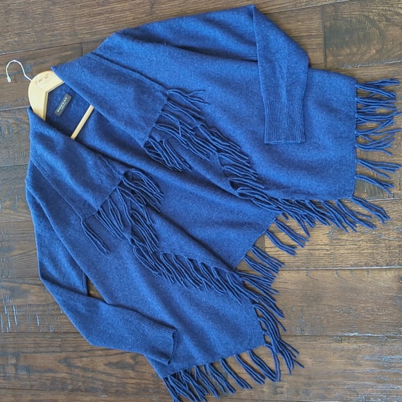 REPEAT CASHMERE I Navy Blue Open Front Fine Knit Fringed Cardigan Sweater, S - Picture 2 of 12